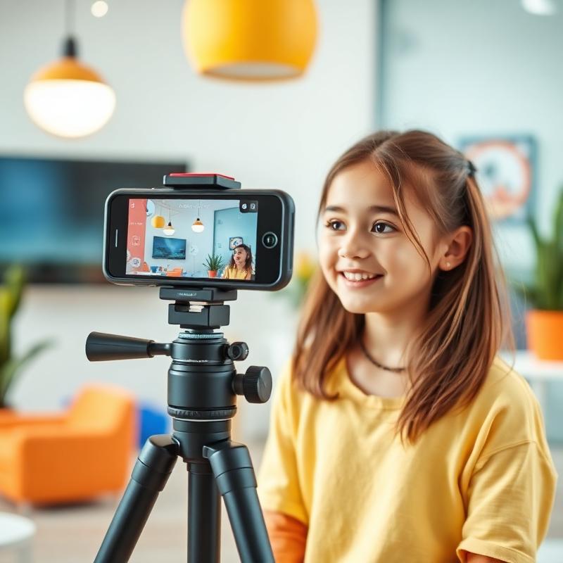 Young creator filming with phone on tripod