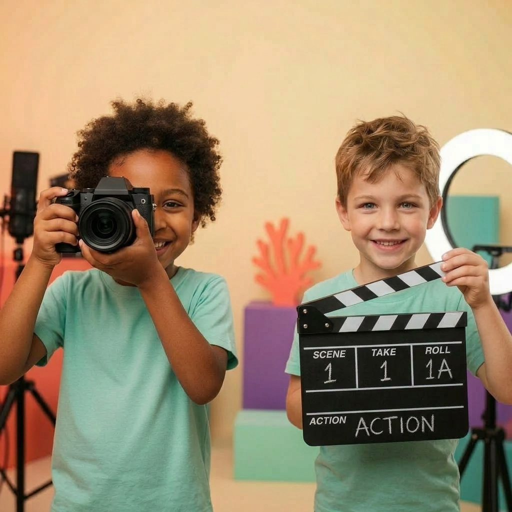 A young creator smiling behind a camera